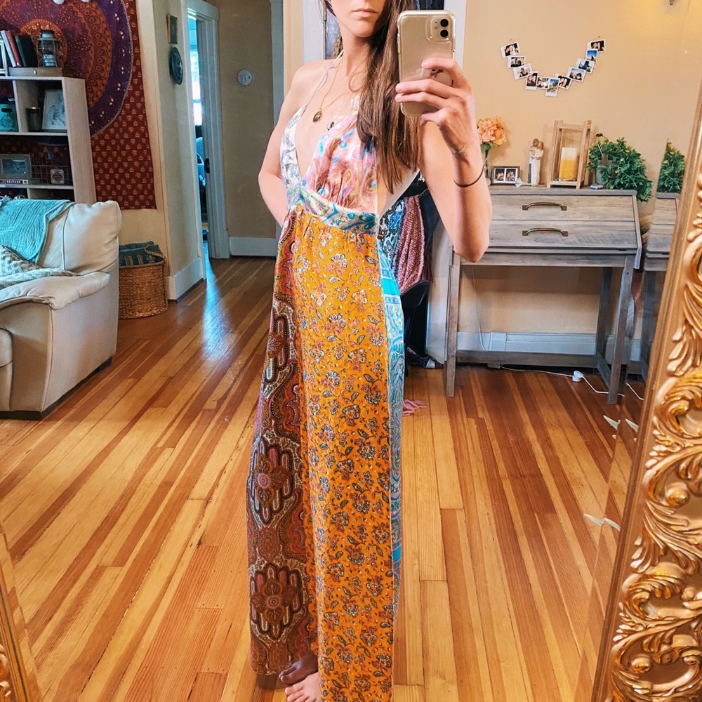 Vintage 100% Silk Y2k Patchwork Backless Halter G… - image 4